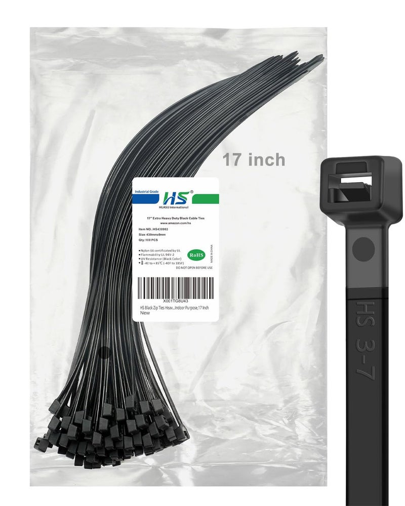 HS رباطات سلكية عريضة HS قوية 17 بوصة 100 قطعة قوة 200 رطل، أربطة سحاب سوداء كبيرة من نايلون UV، لفات كابل طويلة، للاستخدام الخارجي - Image 1